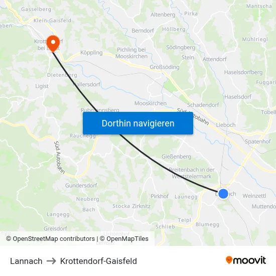 Lannach to Krottendorf-Gaisfeld map