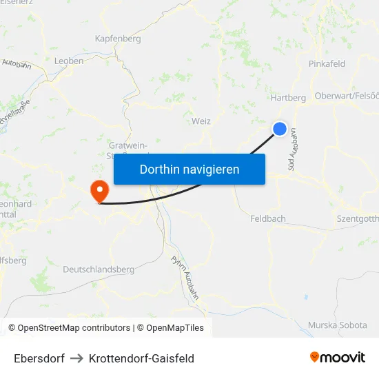 Ebersdorf to Krottendorf-Gaisfeld map
