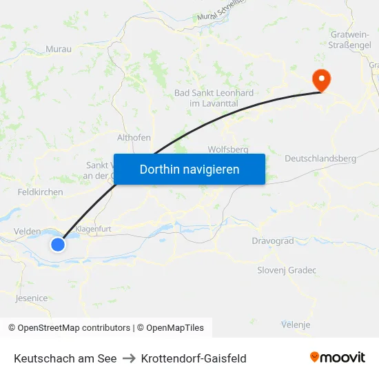 Keutschach am See to Krottendorf-Gaisfeld map