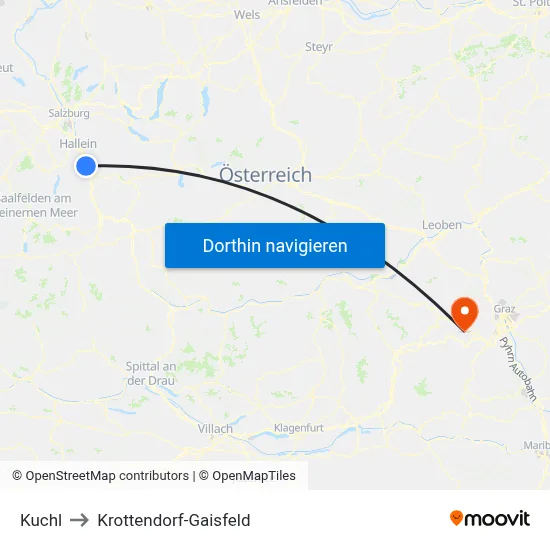 Kuchl to Krottendorf-Gaisfeld map