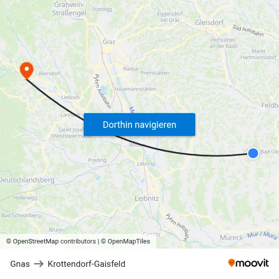 Gnas to Krottendorf-Gaisfeld map