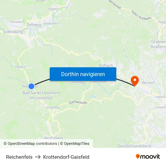 Reichenfels to Krottendorf-Gaisfeld map