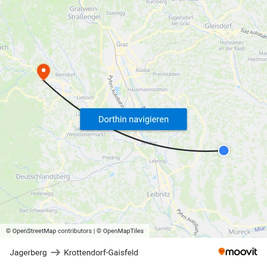 Jagerberg to Krottendorf-Gaisfeld map