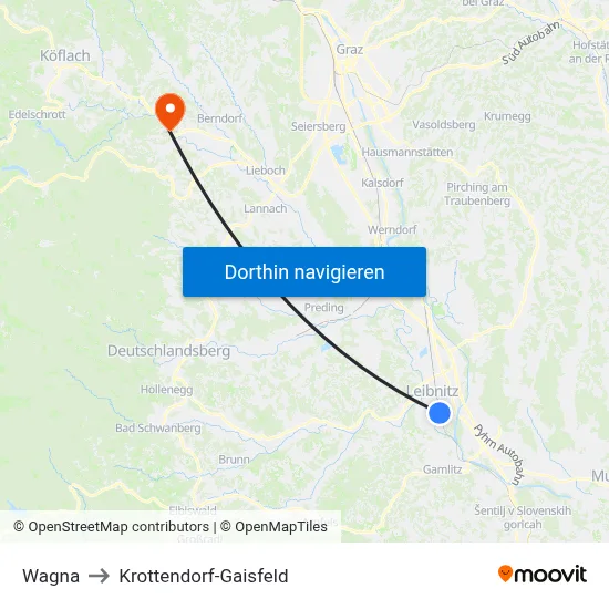 Wagna to Krottendorf-Gaisfeld map