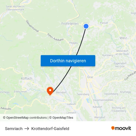 Semriach to Krottendorf-Gaisfeld map