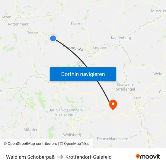 Wald am Schoberpaß to Krottendorf-Gaisfeld map