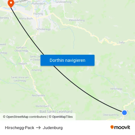 Hirschegg-Pack to Judenburg map