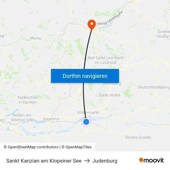 Sankt Kanzian am Klopeiner See to Judenburg map