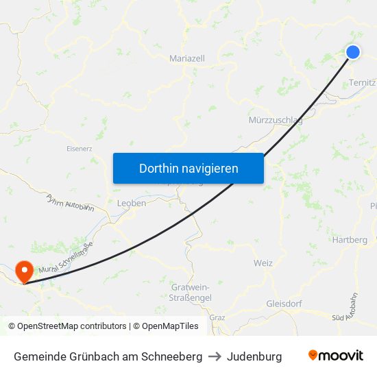 Gemeinde Grünbach am Schneeberg to Judenburg map