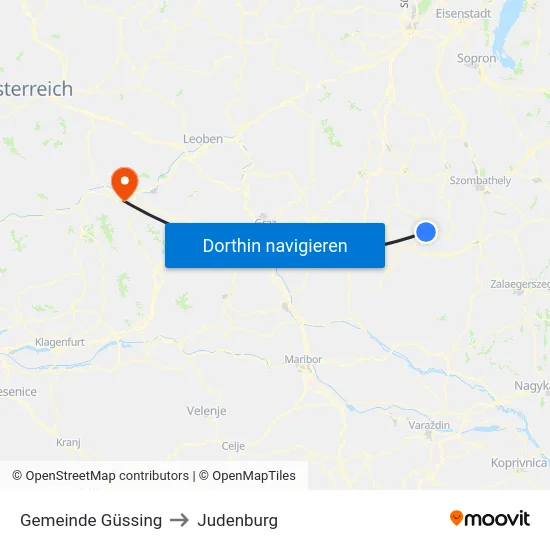 Gemeinde Güssing to Judenburg map