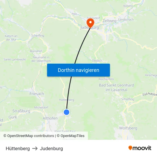Hüttenberg to Judenburg map