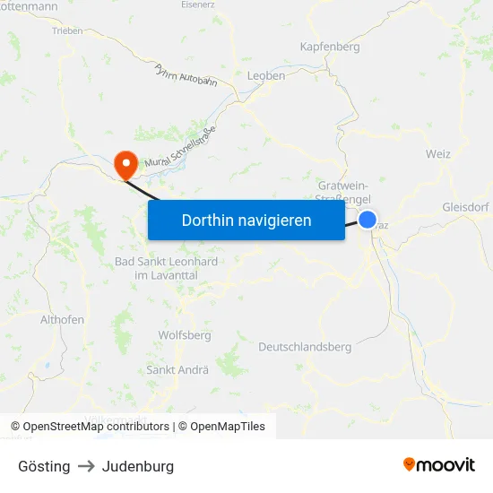Gösting to Judenburg map