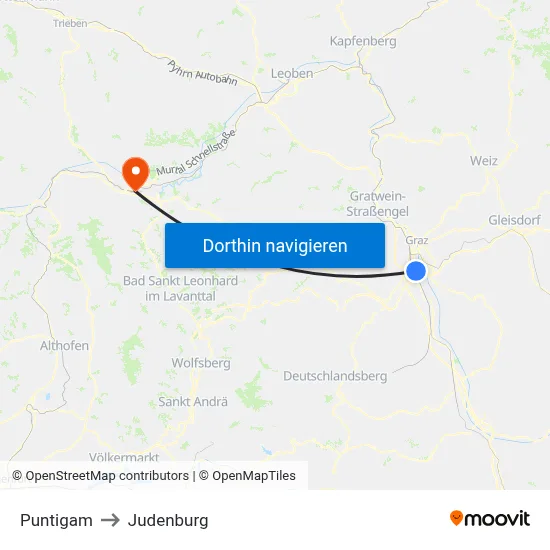 Puntigam to Judenburg map