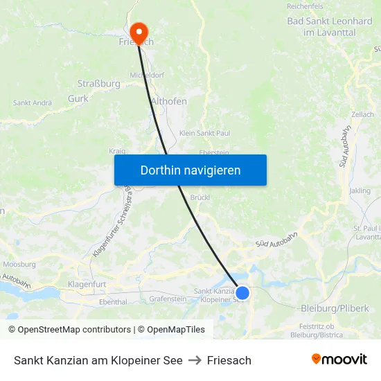 Sankt Kanzian am Klopeiner See to Friesach map