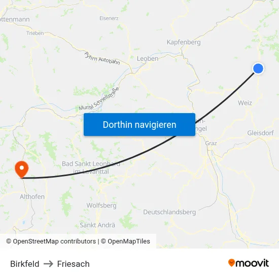 Birkfeld to Friesach map
