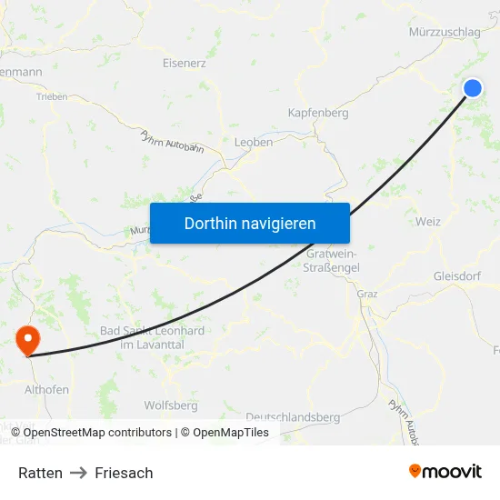 Ratten to Friesach map
