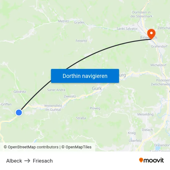 Albeck to Friesach map