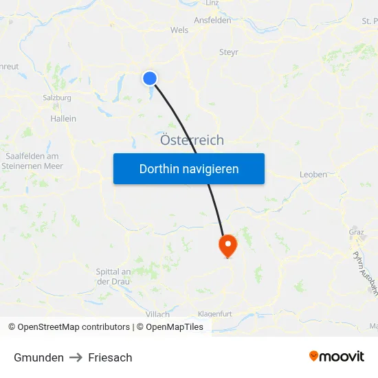 Gmunden to Friesach map