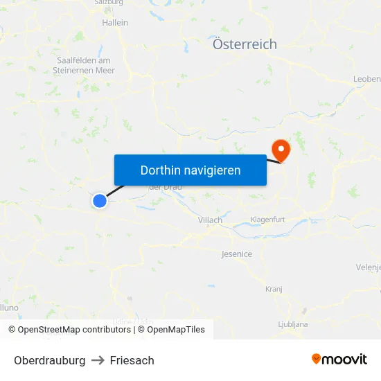 Oberdrauburg to Friesach map
