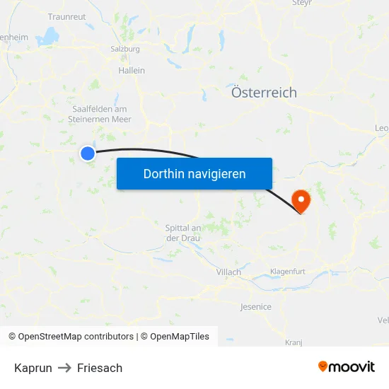 Kaprun to Friesach map