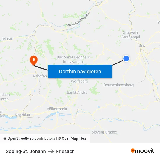 Söding-St. Johann to Friesach map