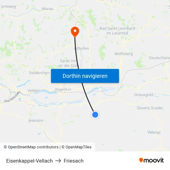 Eisenkappel-Vellach to Friesach map
