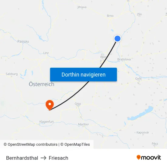 Bernhardsthal to Friesach map