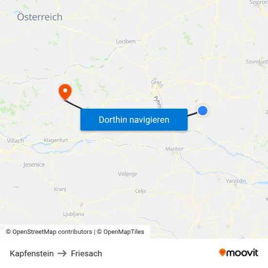 Kapfenstein to Friesach map