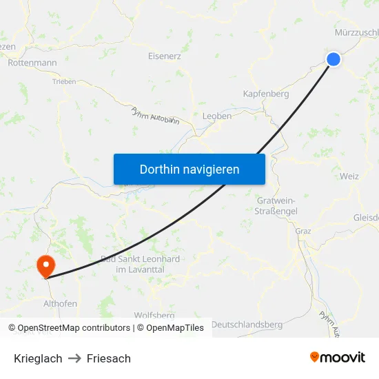 Krieglach to Friesach map