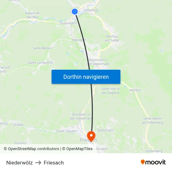 Niederwölz to Friesach map