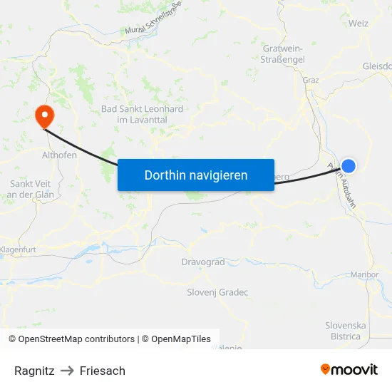 Ragnitz to Friesach map
