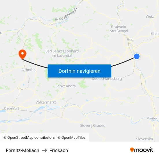 Fernitz-Mellach to Friesach map