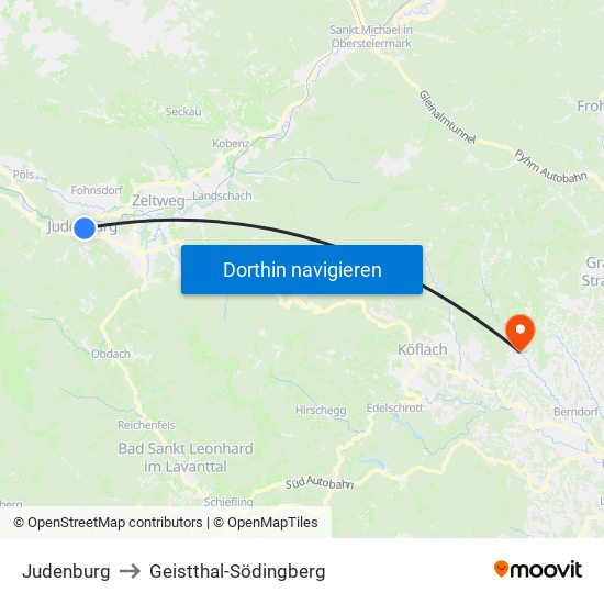 Judenburg to Geistthal-Södingberg map