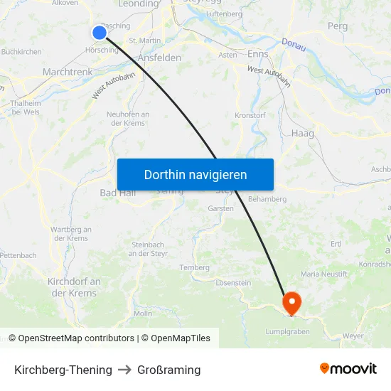 Kirchberg-Thening to Großraming map