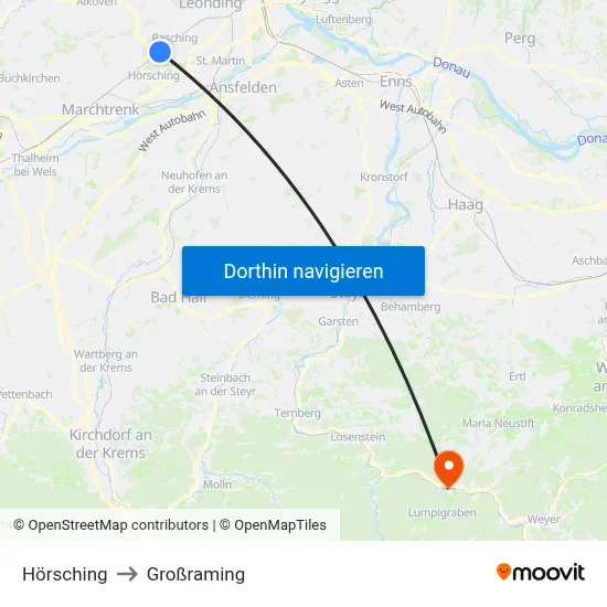 Hörsching to Großraming map
