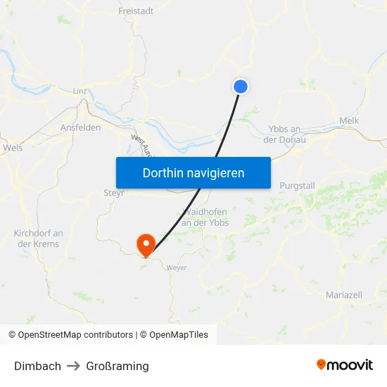 Dimbach to Großraming map