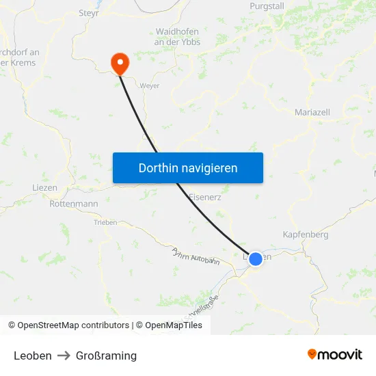 Leoben to Großraming map