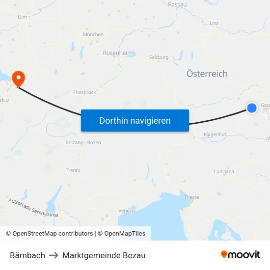 Bärnbach to Marktgemeinde Bezau map