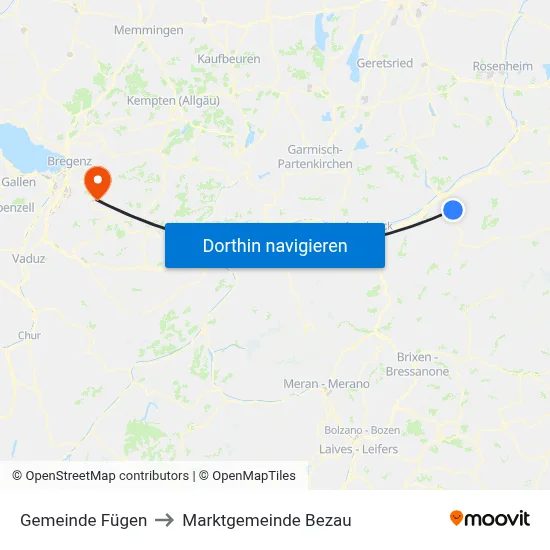 Gemeinde Fügen to Marktgemeinde Bezau map