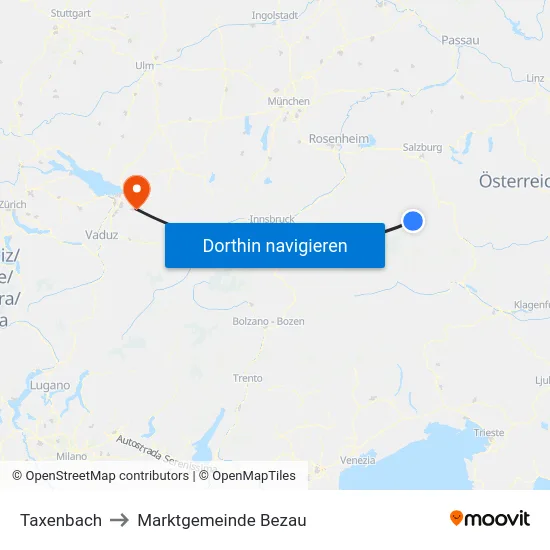 Taxenbach to Marktgemeinde Bezau map