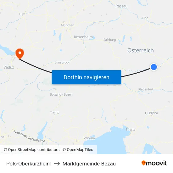 Pöls-Oberkurzheim to Marktgemeinde Bezau map