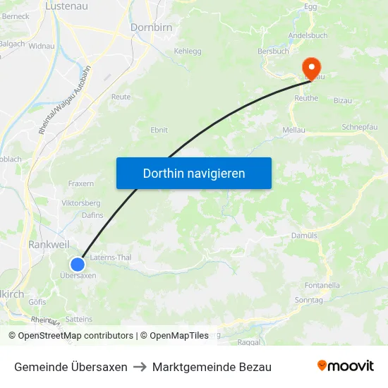 Gemeinde Übersaxen to Marktgemeinde Bezau map