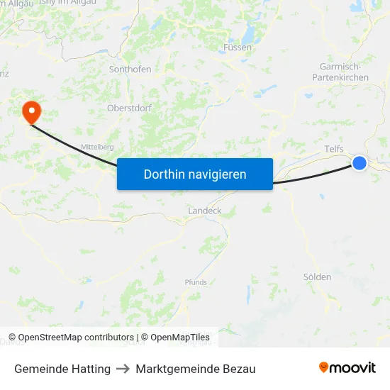 Gemeinde Hatting to Marktgemeinde Bezau map
