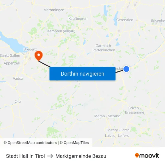 Stadt Hall In Tirol to Marktgemeinde Bezau map
