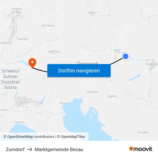 Zurndorf to Marktgemeinde Bezau map