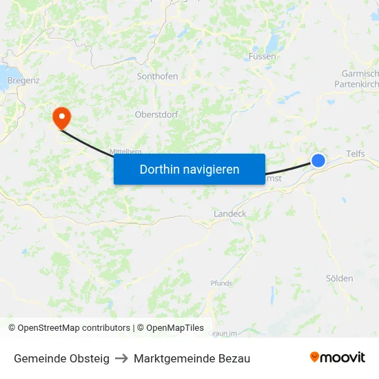 Gemeinde Obsteig to Marktgemeinde Bezau map