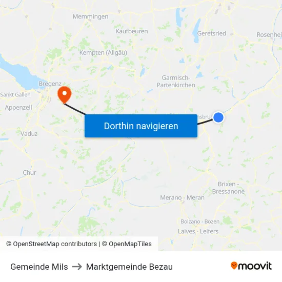 Gemeinde Mils to Marktgemeinde Bezau map