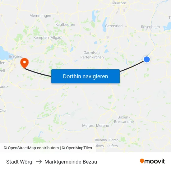 Stadt Wörgl to Marktgemeinde Bezau map