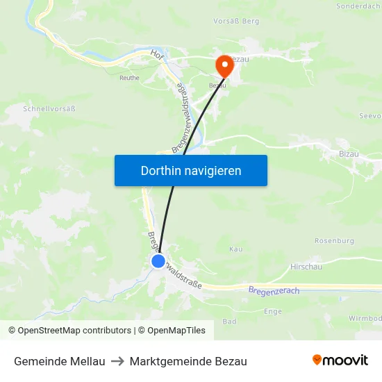 Gemeinde Mellau to Marktgemeinde Bezau map