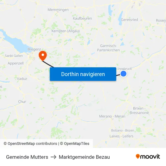 Gemeinde Mutters to Marktgemeinde Bezau map